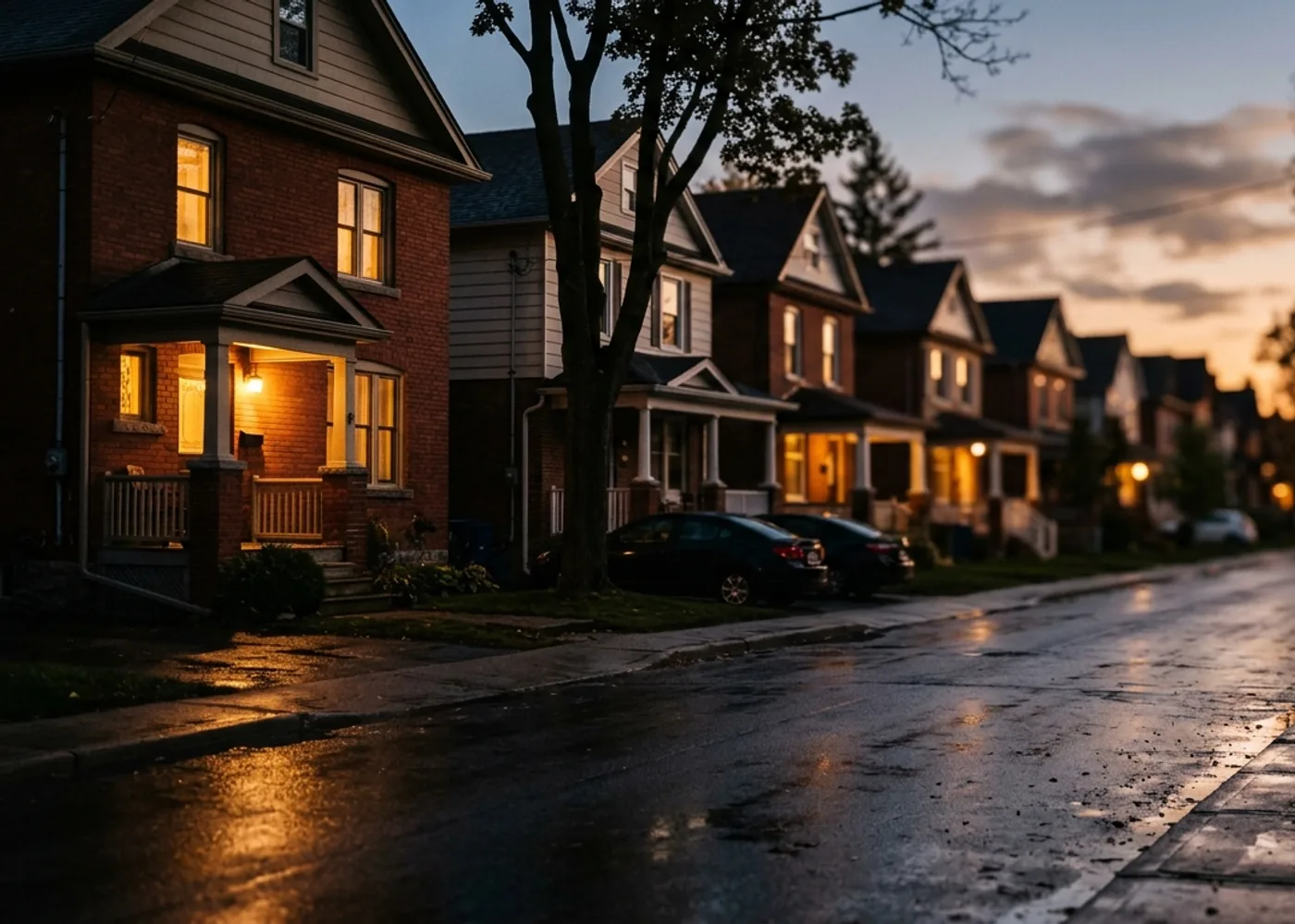 A street of Ontario rental homes at dusk.