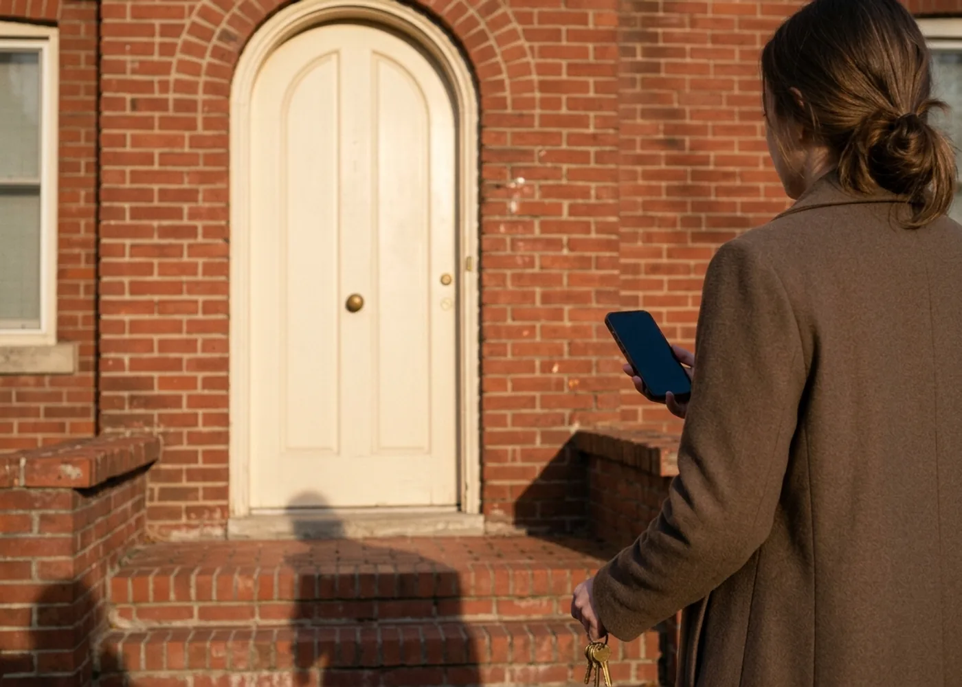 A landlord using TenantBay on a phone outside a rental home.
