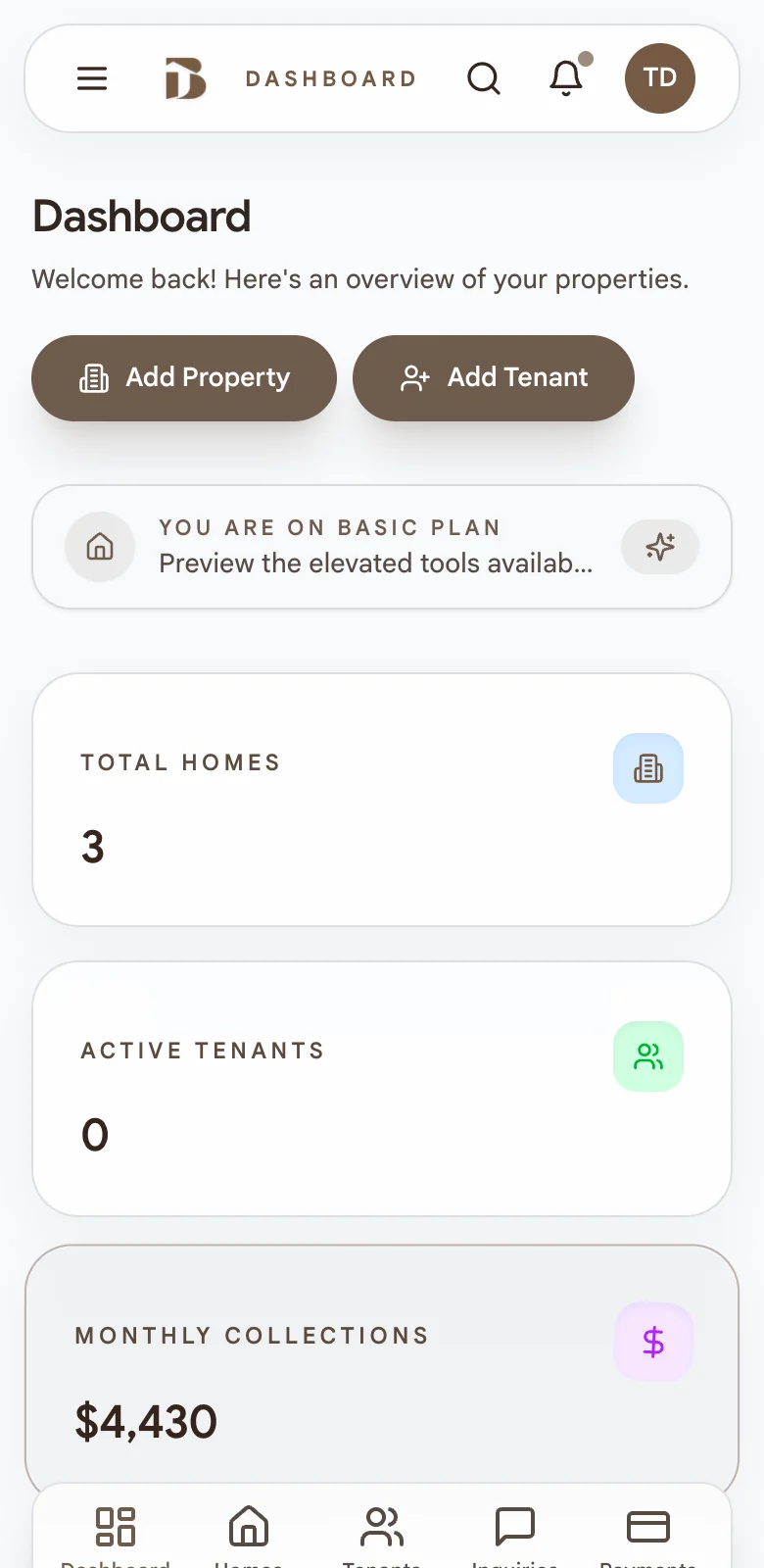 The TenantBay dashboard on a phone, showing this month's rent and the payments recorded against each tenancy.